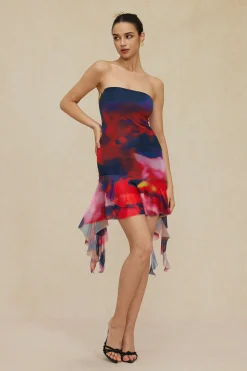 MICAS Midi Dresses-Tie Dye Ruffle Strapless Midi Dress Contrast Color