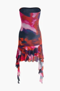 MICAS Midi Dresses-Tie Dye Ruffle Strapless Midi Dress Contrast Color