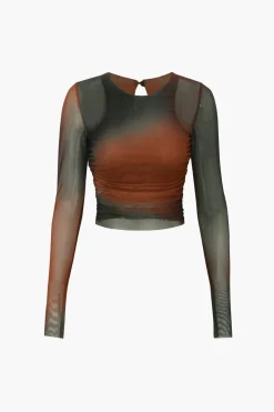 MICAS Long Sleeve Tops|Long Sleeves Tops-Tie Dye Sheer Mesh Long Sleeve Top Contrast Color