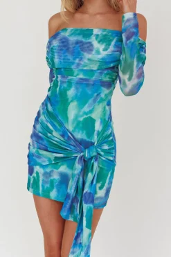 MICAS Long Sleeve Dresses|Mini Dresses-Tie Dye Tie Front Off Shoulder Long Sleeve Mini Dress STEEL BLUE