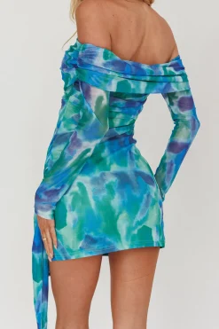 MICAS Long Sleeve Dresses|Mini Dresses-Tie Dye Tie Front Off Shoulder Long Sleeve Mini Dress STEEL BLUE
