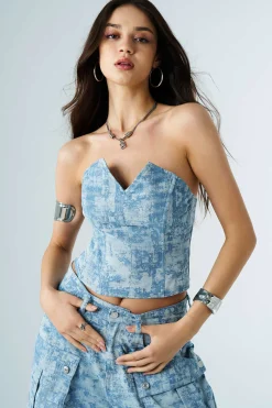 MICAS Tube Tops-Tie Dye V-neck Denim Strapless Top BABY BLUE