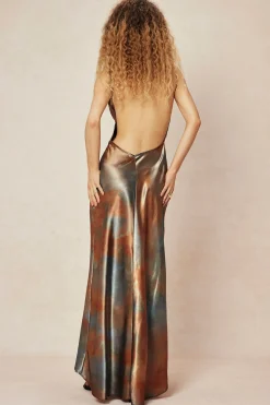 MICAS Maxi Dresses-Tie Dye V-neck Satin Maxi Dress MULTICOLOR