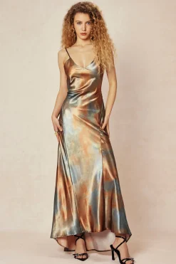 MICAS Maxi Dresses-Tie Dye V-neck Satin Maxi Dress MULTICOLOR
