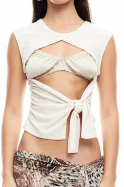 MICAS Tank Tops & Cami-Tie Front Cut Out Ruched Round Neck Tank Top IVORY