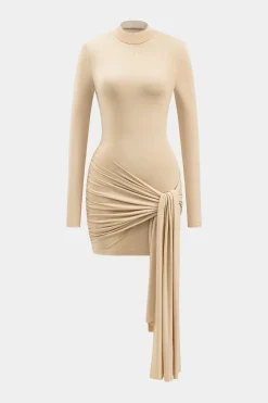 MICAS Long Sleeve Dresses|Mini Dresses-Tie Front Long Sleeve Mini Dress TAN