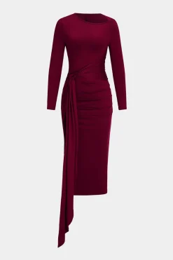 MICAS Long Sleeve Dresses|Midi Dresses-Tie Front Ruched Long Sleeve Midi Dress BURGUNDY