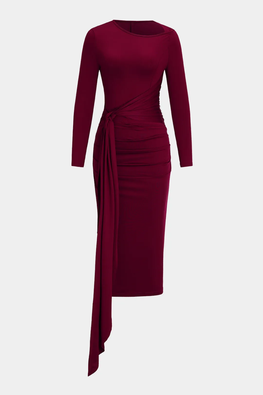 MICAS Long Sleeve Dresses|Midi Dresses-Tie Front Ruched Long Sleeve Midi Dress BURGUNDY