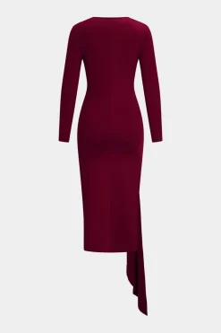 MICAS Long Sleeve Dresses|Midi Dresses-Tie Front Ruched Long Sleeve Midi Dress BURGUNDY