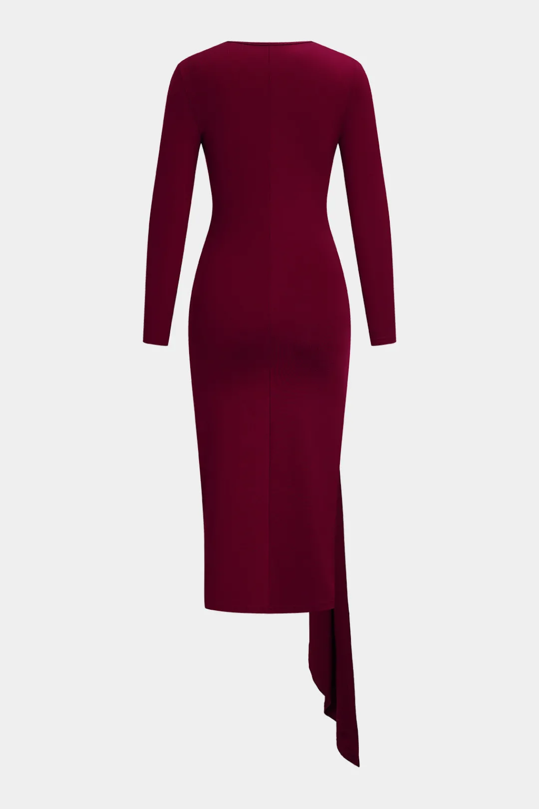 MICAS Long Sleeve Dresses|Midi Dresses-Tie Front Ruched Long Sleeve Midi Dress BURGUNDY