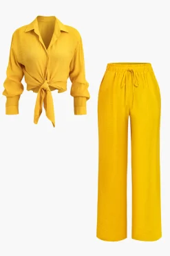MICAS Pant Sets|Vacation Sets-Tie Front Shirt And Wide Leg Pants Set