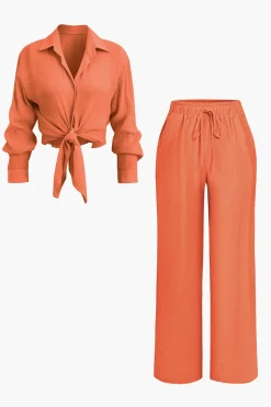 MICAS Pant Sets|Vacation Sets-Tie Front Shirt And Wide Leg Pants Set