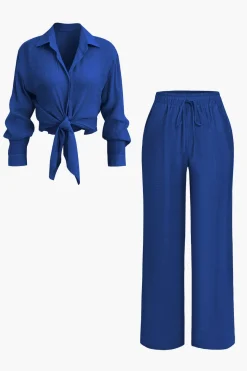 MICAS Pant Sets|Vacation Sets-Tie Front Shirt And Wide Leg Pants Set