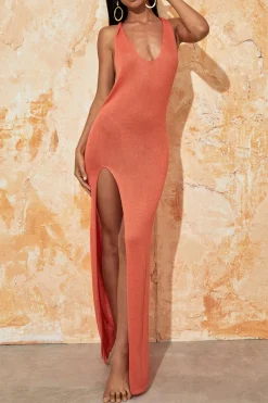 MICAS Knit Dresses-Tie Halter Backless Slit Crochet Knit Midi Dress ORANGE