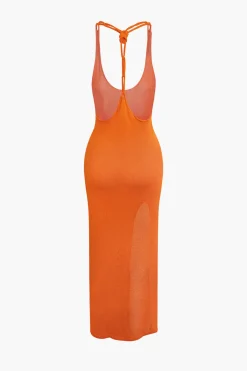 MICAS Knit Dresses-Tie Halter Backless Slit Crochet Knit Midi Dress ORANGE
