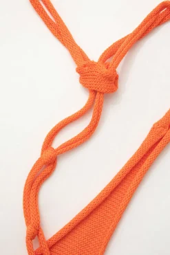 MICAS Knit Dresses-Tie Halter Backless Slit Crochet Knit Midi Dress ORANGE