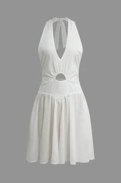 MICAS Mini Dresses|Jumpsuits & Rompers-Tie Halter Knot Backless Pleated Romper WHITE