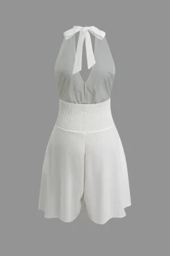 MICAS Mini Dresses|Jumpsuits & Rompers-Tie Halter Knot Backless Pleated Romper WHITE
