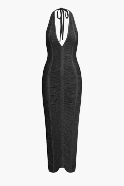 MICAS Knitwear|Knit Dresses-Tie Halter V-neck Backless Distressed Ladder Knit Maxi Dress
