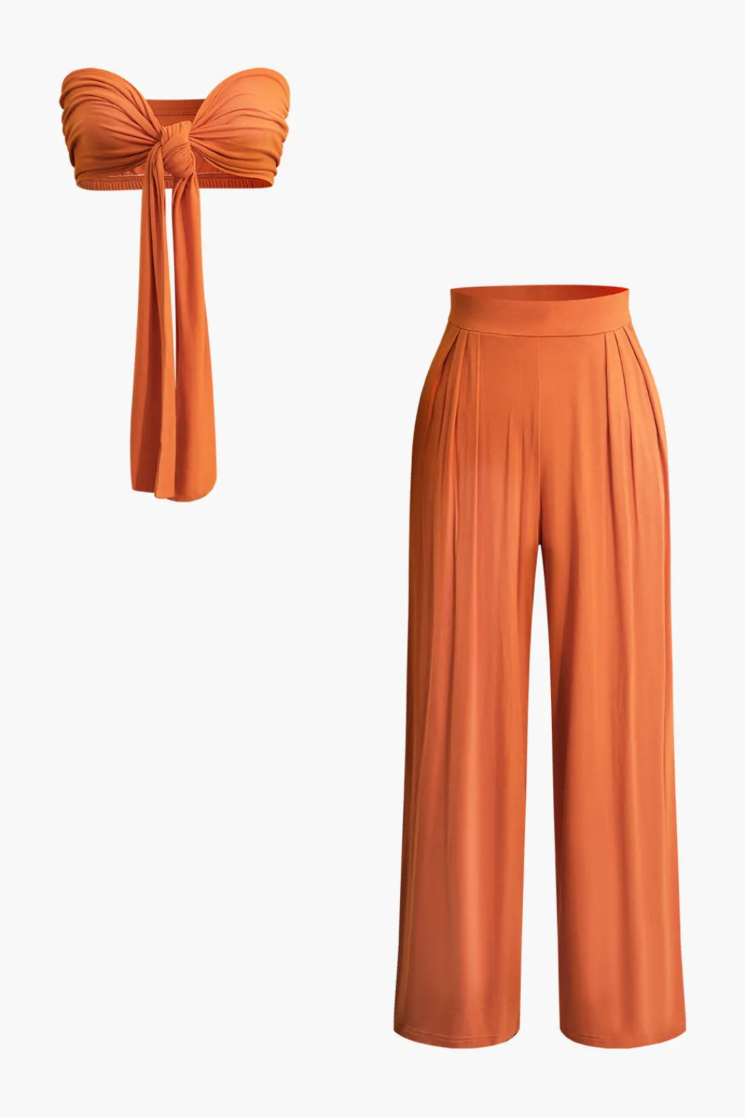 MICAS Pant Sets|Vacation Sets-Tie Knot Front Ruched Tube Top And Pleated Wide Leg Pants