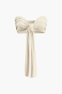 MICAS Pant Sets|Vacation Sets-Tie Knot Front Ruched Tube Top And Pleated Wide Leg Pants