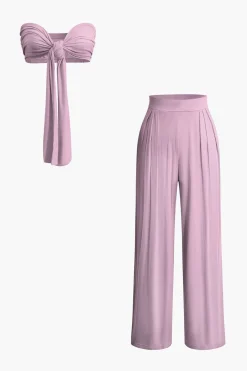 MICAS Pant Sets|Vacation Sets-Tie Knot Front Ruched Tube Top And Pleated Wide Leg Pants