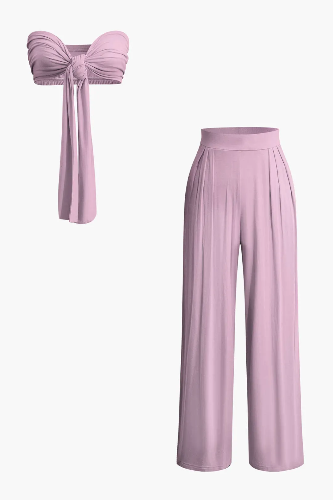 MICAS Pant Sets|Vacation Sets-Tie Knot Front Ruched Tube Top And Pleated Wide Leg Pants