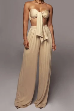 MICAS Pant Sets|Vacation Sets-Tie Knot Front Ruched Tube Top And Pleated Wide Leg Pants