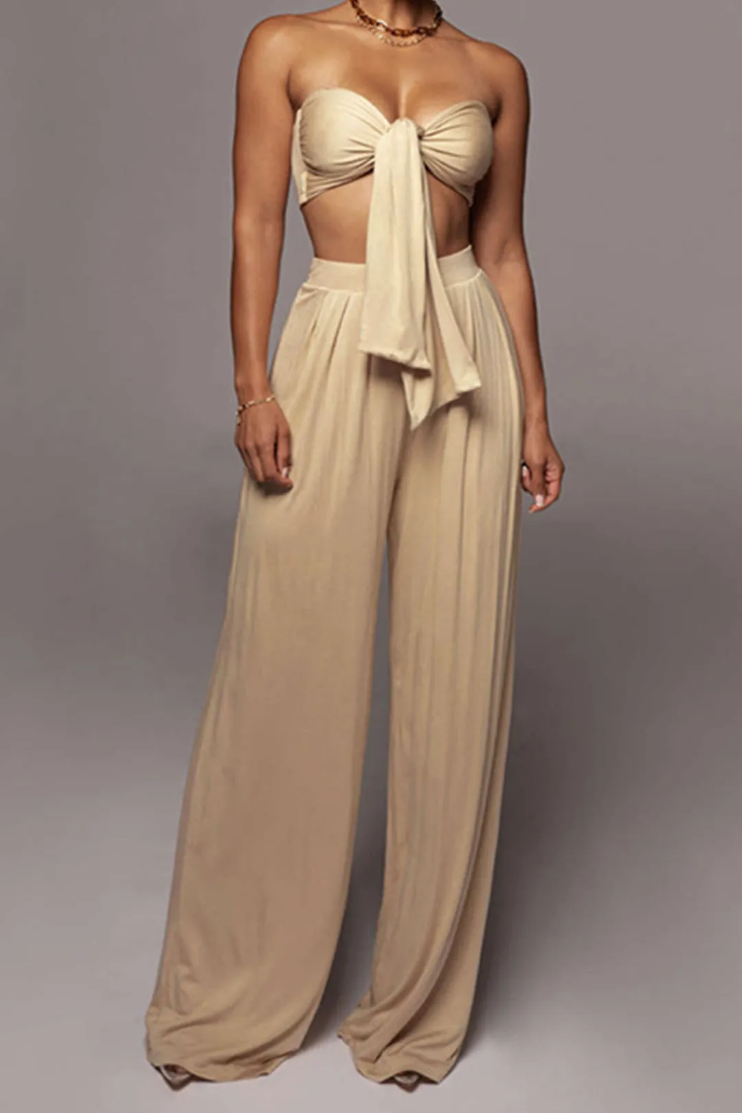 MICAS Pant Sets|Vacation Sets-Tie Knot Front Ruched Tube Top And Pleated Wide Leg Pants
