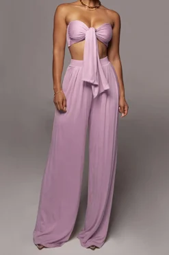 MICAS Pant Sets|Vacation Sets-Tie Knot Front Ruched Tube Top And Pleated Wide Leg Pants