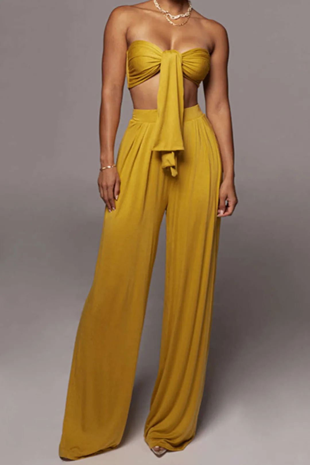 MICAS Pant Sets|Vacation Sets-Tie Knot Front Ruched Tube Top And Pleated Wide Leg Pants