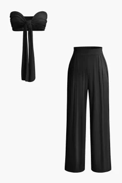 MICAS Pant Sets|Vacation Sets-Tie Knot Front Ruched Tube Top And Pleated Wide Leg Pants