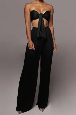 MICAS Pant Sets|Vacation Sets-Tie Knot Front Ruched Tube Top And Pleated Wide Leg Pants