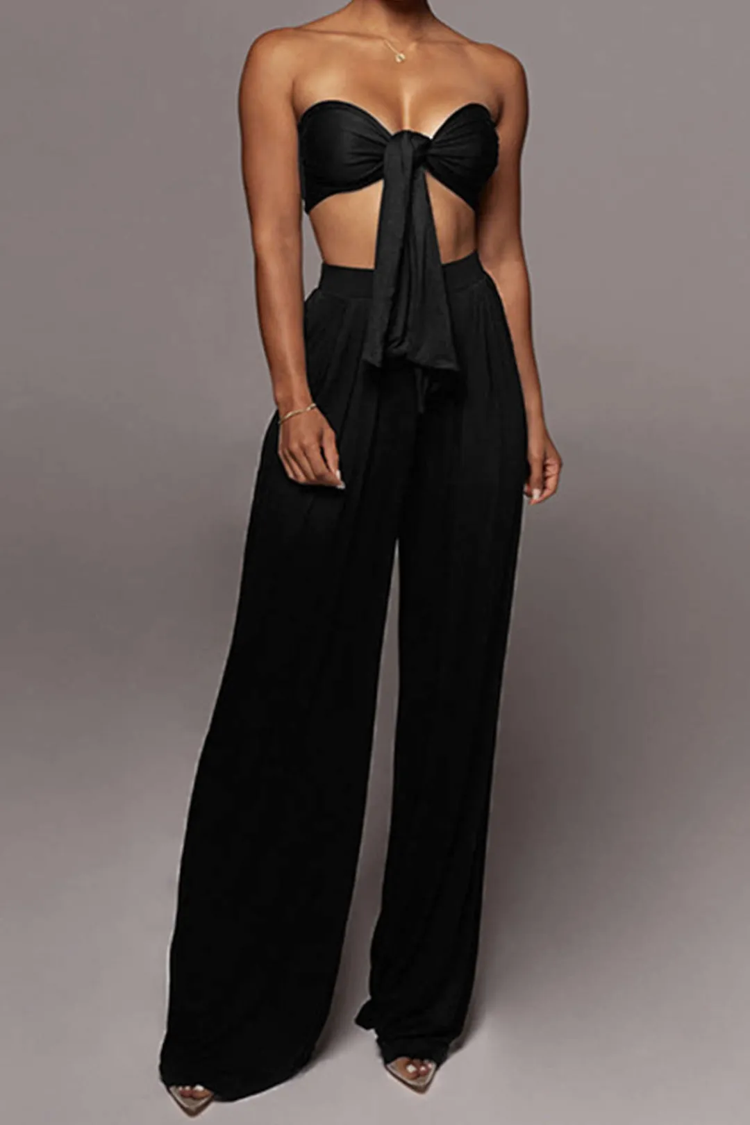 MICAS Pant Sets|Vacation Sets-Tie Knot Front Ruched Tube Top And Pleated Wide Leg Pants