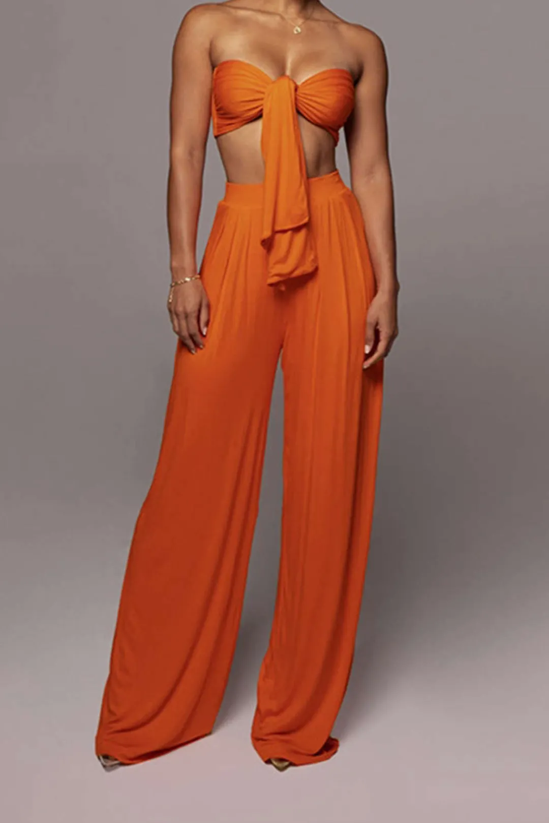 MICAS Pant Sets|Vacation Sets-Tie Knot Front Ruched Tube Top And Pleated Wide Leg Pants
