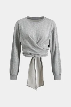 MICAS Long Sleeve Tops|Long Sleeves Tops-Tie Knot Round Neck Long-Sleeve Top GRAY