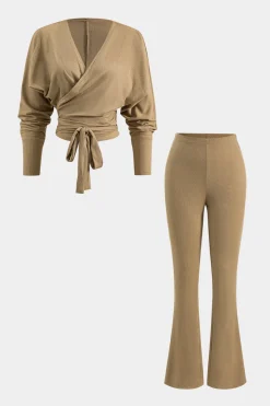 MICAS Pant Sets-Tie-Up Asymmetrical V-Neck Long-Sleeve And Trousers Set TAN
