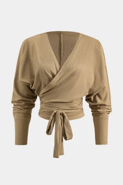 MICAS Pant Sets-Tie-Up Asymmetrical V-Neck Long-Sleeve And Trousers Set TAN