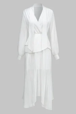 MICAS Long Sleeve Dresses|Midi Dresses-Tie-Up Lace-Up Midi Dress WHITE