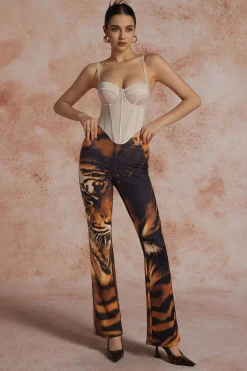 MICAS Pants-Tiger Print High Waist Trousers CHOCOLATE