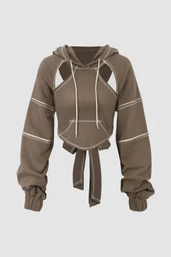 MICAS Long Sleeve Tops|Long Sleeves Tops-Topstitching Cut Out Backless Hoodie MOCHA