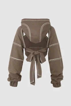 MICAS Long Sleeve Tops|Long Sleeves Tops-Topstitching Cut Out Backless Hoodie MOCHA