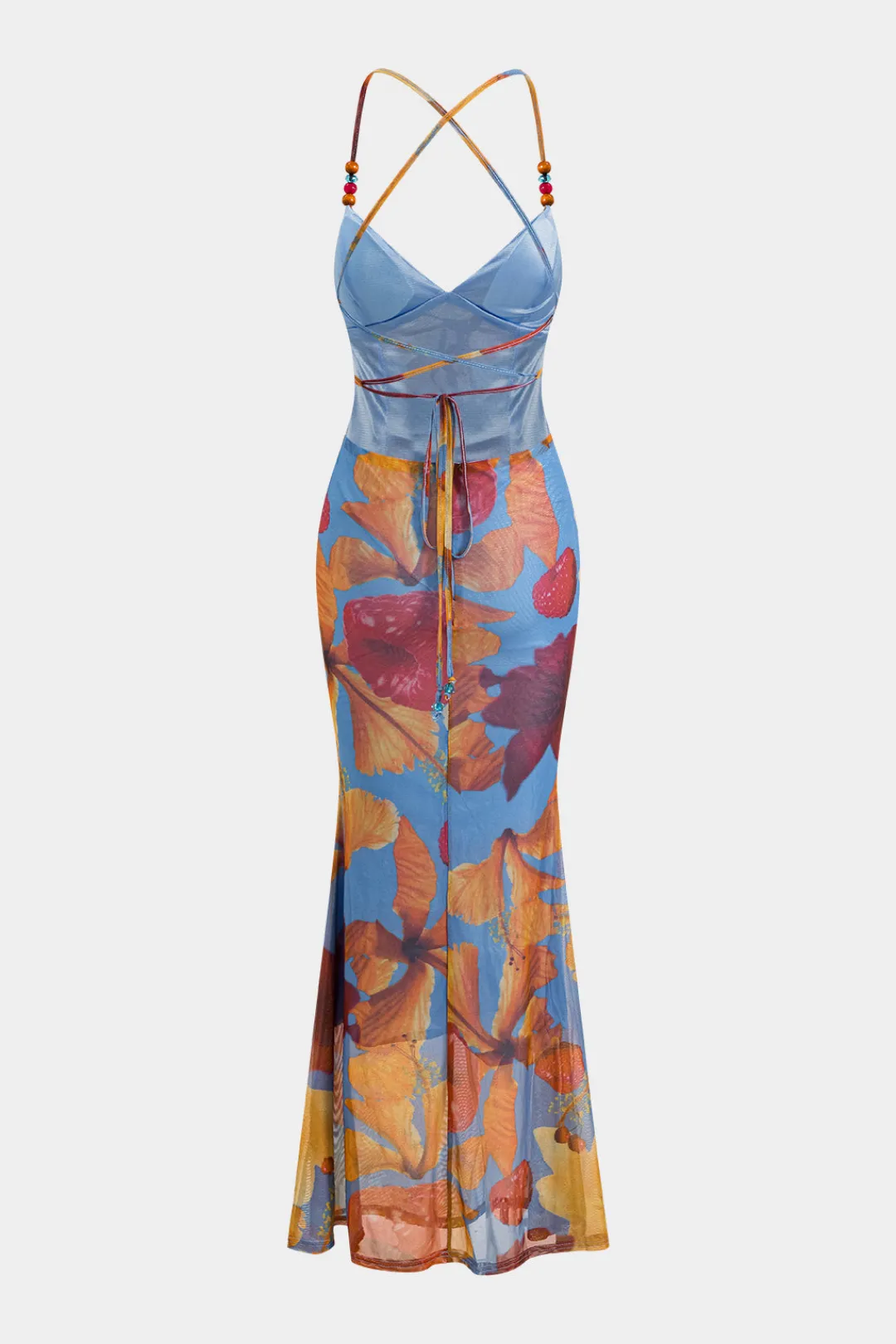 MICAS Maxi Dresses-Tropical Floral Print Mesh Backless Maxi Dress MULTICOLOR