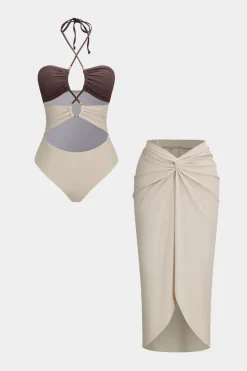 MICAS Swimwear-Tummy Control Contrast Halter Cut Out Swimwear And Twist Cover Up Set IVORY