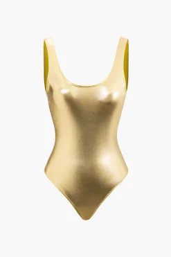 MICAS Swimwear-Tummy Control Metallic Round Neck One-piece Swimsuit GOLD