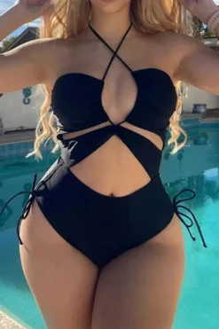 MICAS Swimwear-Tummy Control Solid Halter Tie Cut Out One-piece Swimsuit BLACK