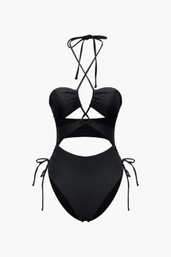 MICAS Swimwear-Tummy Control Solid Halter Tie Cut Out One-piece Swimsuit BLACK