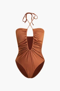 MICAS Swimwear-Tummy Control Tie Halter Ruched One-Piece Swimsuit