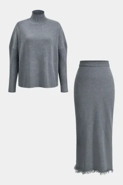 MICAS Skirt Sets-Turtleneck Long Sleeve Top And Skirt Set GRAY