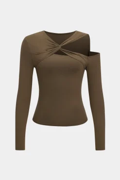 MICAS Long Sleeve Tops|Long Sleeves Tops-Twist Asymmetry V-Neck Long-Sleeve Top MOCHA
